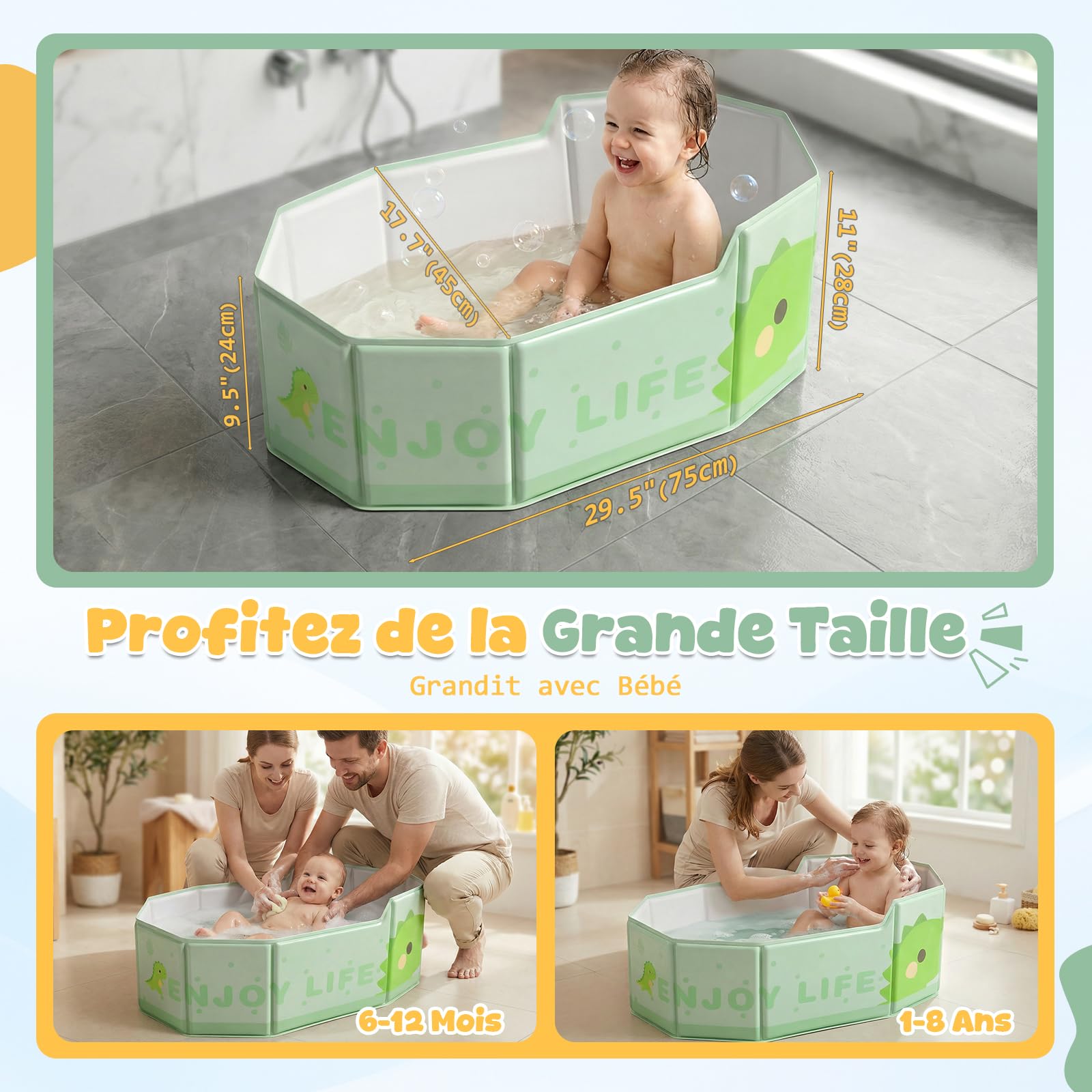 Orzbow Baignoire Pliable Bébé, Grande Baignoire avec Base Antidérapante, Vert, 6 Mois à 6 Ans