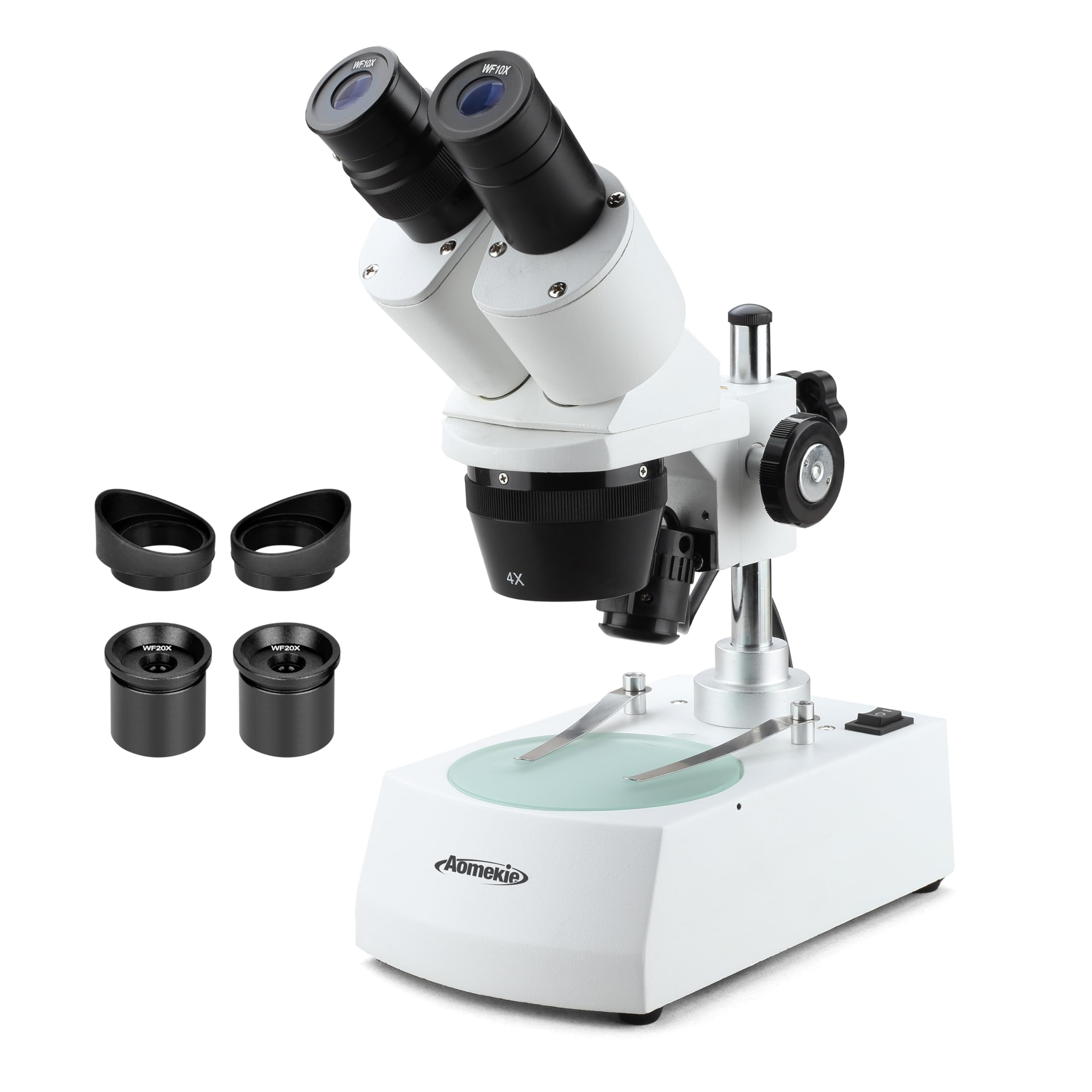 AOMEKIE Stereo Microscopio 20X/40X/80X Binoculare a Montaggio Frontale Oculari WF10X e WF20X, Obiettivi 2X e 4X Illuminazione LED Superiore e Inferiore Piastra Palcoscenico Reversibile Nero/Bianco.