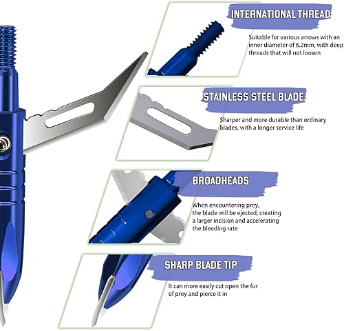 Miniatura 3 de e5e10 12 piezas de cabeza ancha de caza 100 granos de tiro con arco de acero inoxidable 420 de mayor dureza, 2 cuchillas + 1 funda de cabeza ancha