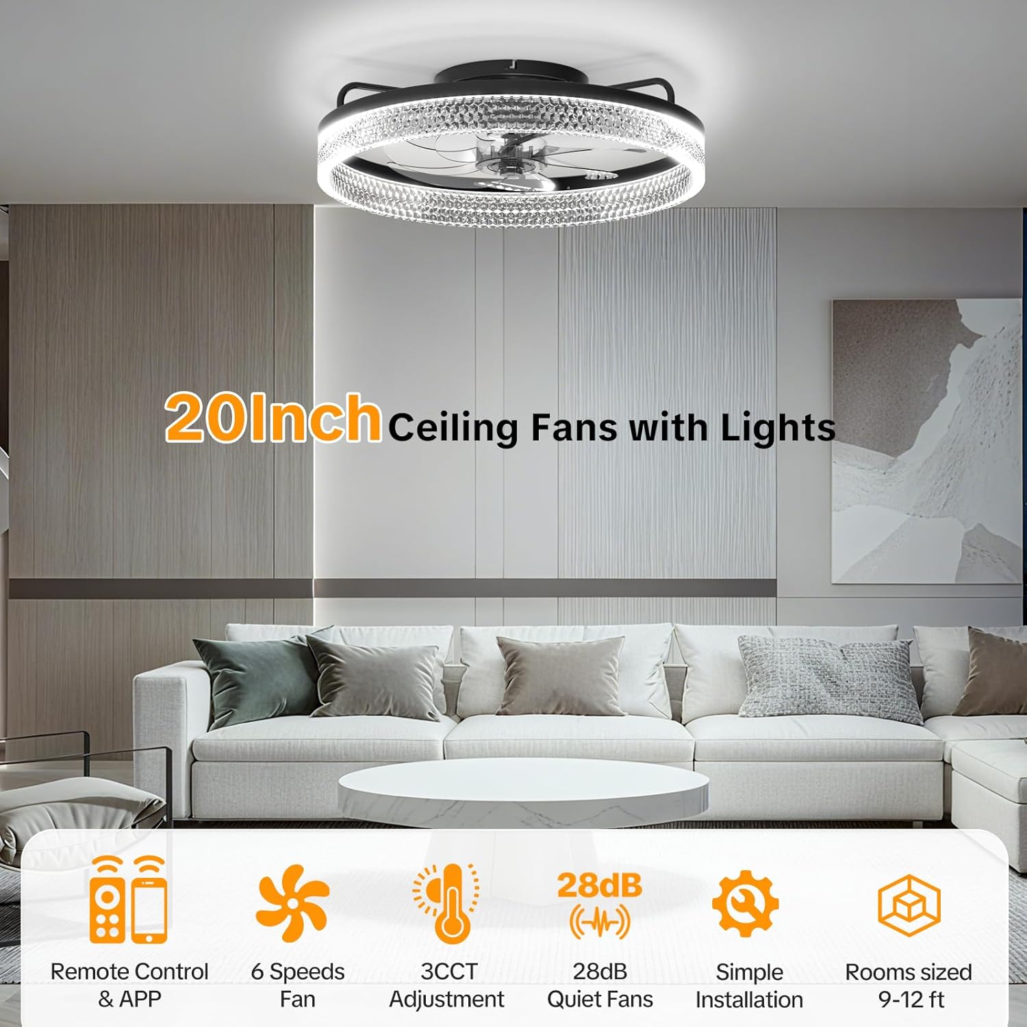 Ceiling Fans with Lights, 20 Inch Flush Mount Fandelier Ceiling Fan, Remote Control, Low Profile Ceiling Fan with Light , Reversible DC Motor, Dimmable LED Fan for Bedroom, Kitchen, Dining, Office
