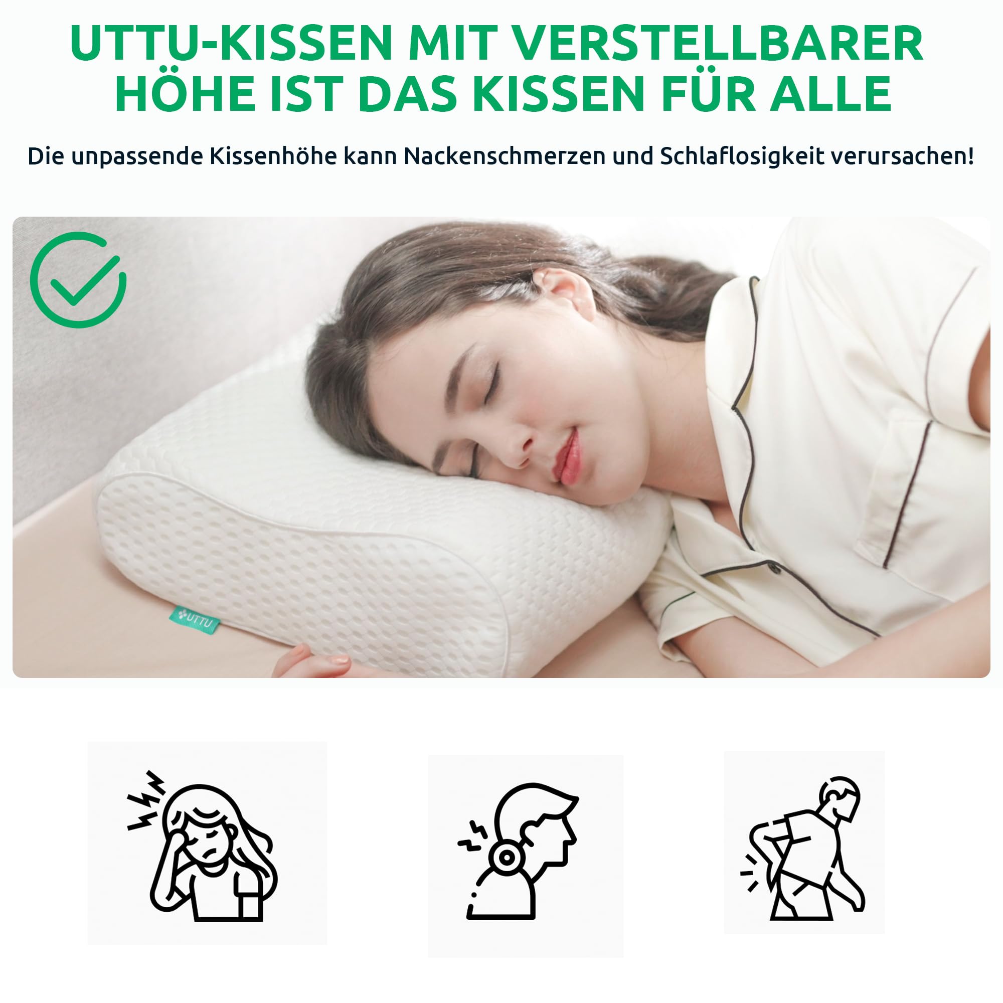 UTTU Memory Foam Kissen, Ergonomisches Nackenkissen 60x35x13/11cm