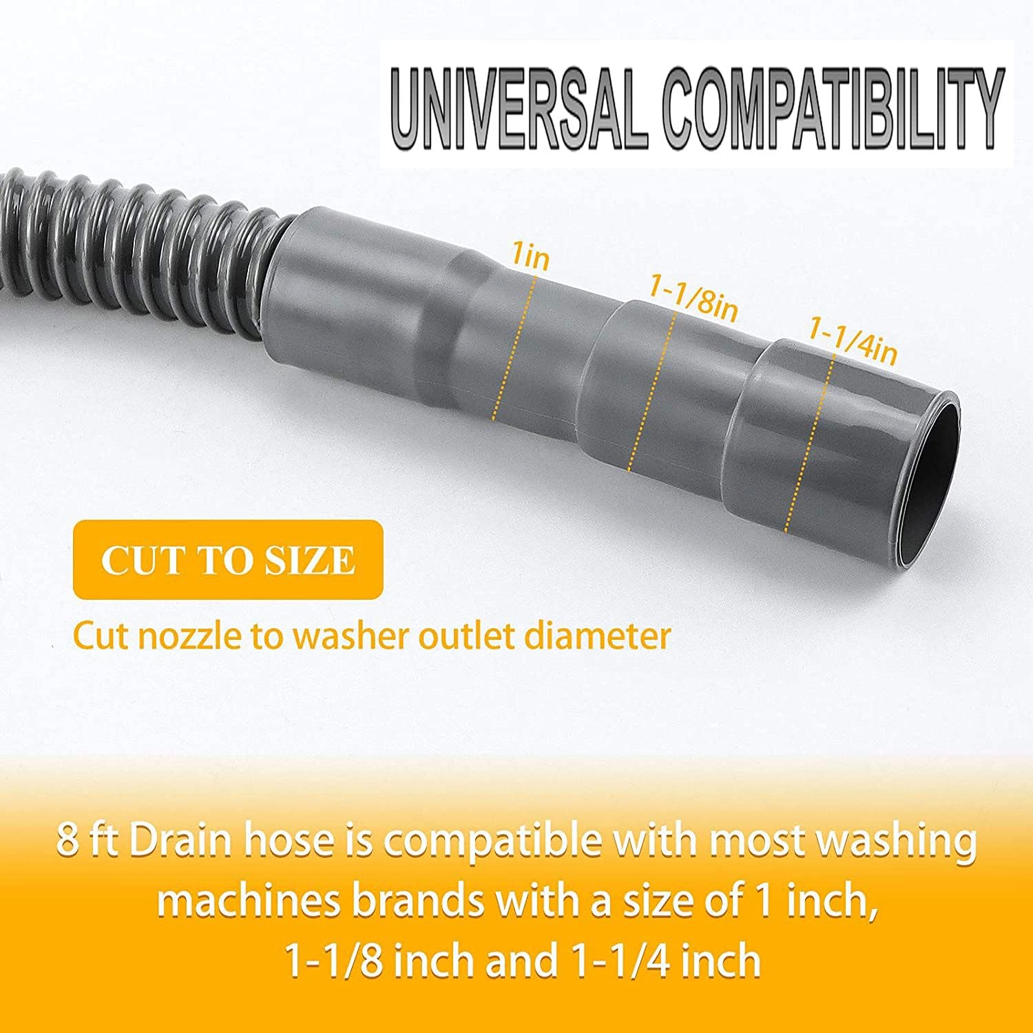 [8ft]Universal Washing Machine Extension Drain Hose with Clamp, Industrial Grade Polypropylene Corrugated and Flexible Washer Hoses(10-Years Warranty)