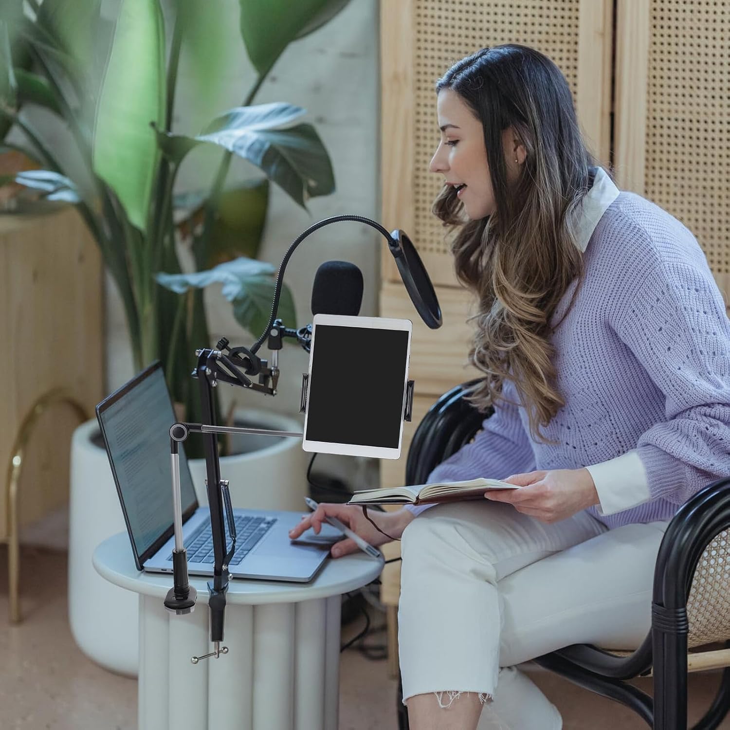 Desktop Phone Stand and Tablet Bracket Bedside Clip Holder for 4.7-12.9 Inch Devices Universal Phone Accessory Compatible with Headboard and Desk Use