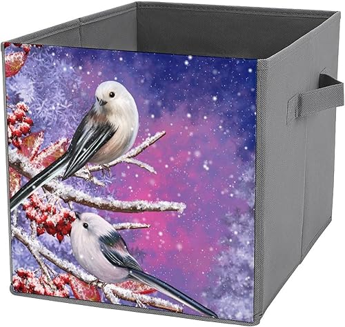 Cubos de almacenamiento de pájaros de Navidad de invierno, ramas nevadas, bayas de 11 pulgadas, cubos de almacenamiento plegables de tela decorativa