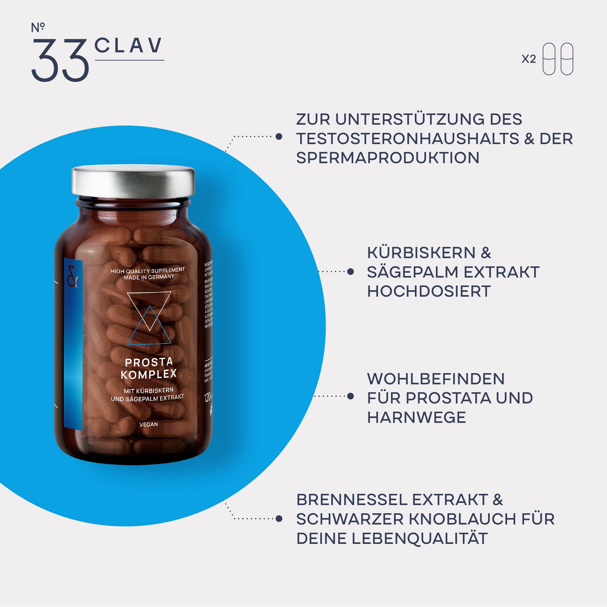 CLAV® N°33 Prosta Komplex – 120 Kapseln – Prostata Kapseln mit Saw Palmetto Sägepalmenextrakt – schwarzer Knoblauch, Kürbiskern & Brokkoli Extrakt – für Männer
