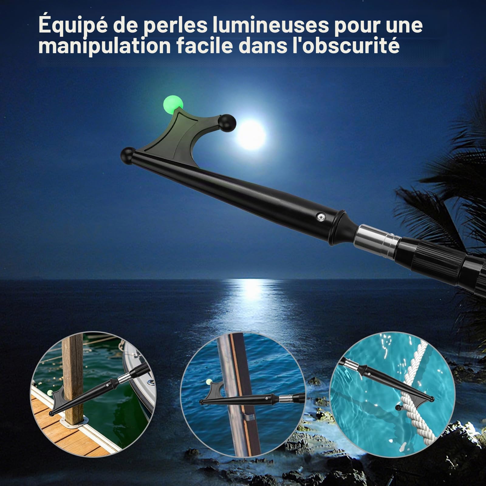 KOMCLUB Crochet de bateau télescopique en fibre de verre et aluminium - Design lumineux - Résistant à la rouille - Durable - Solide - Barre de poussée pour la pose