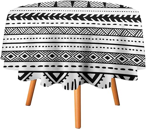 Fundas de mesa étnicas en blanco y negro para fiesta, 60 x 60 pulgadas, mantel redondo a prueba de aceite, resistente a las manchas, lavable,