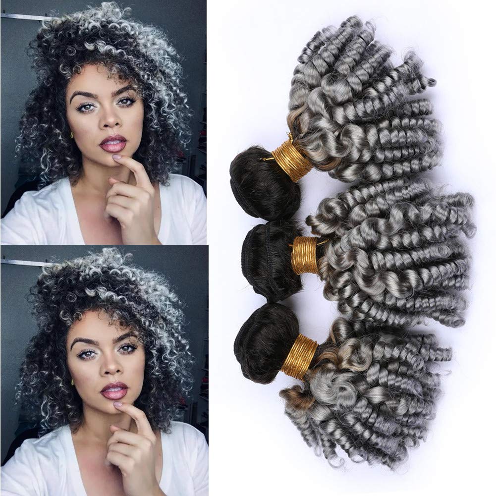 Amazon.com : Silver Grey Ombre Aunty Funmi Human Hair 3 Bundles Brazilian  Virgin Human Hair #1B/Grey Ombre Bouncy Curly Weave Wefts Black to Grey  Ombre Funmi Curly Hair Bundles 10-30" (14 14