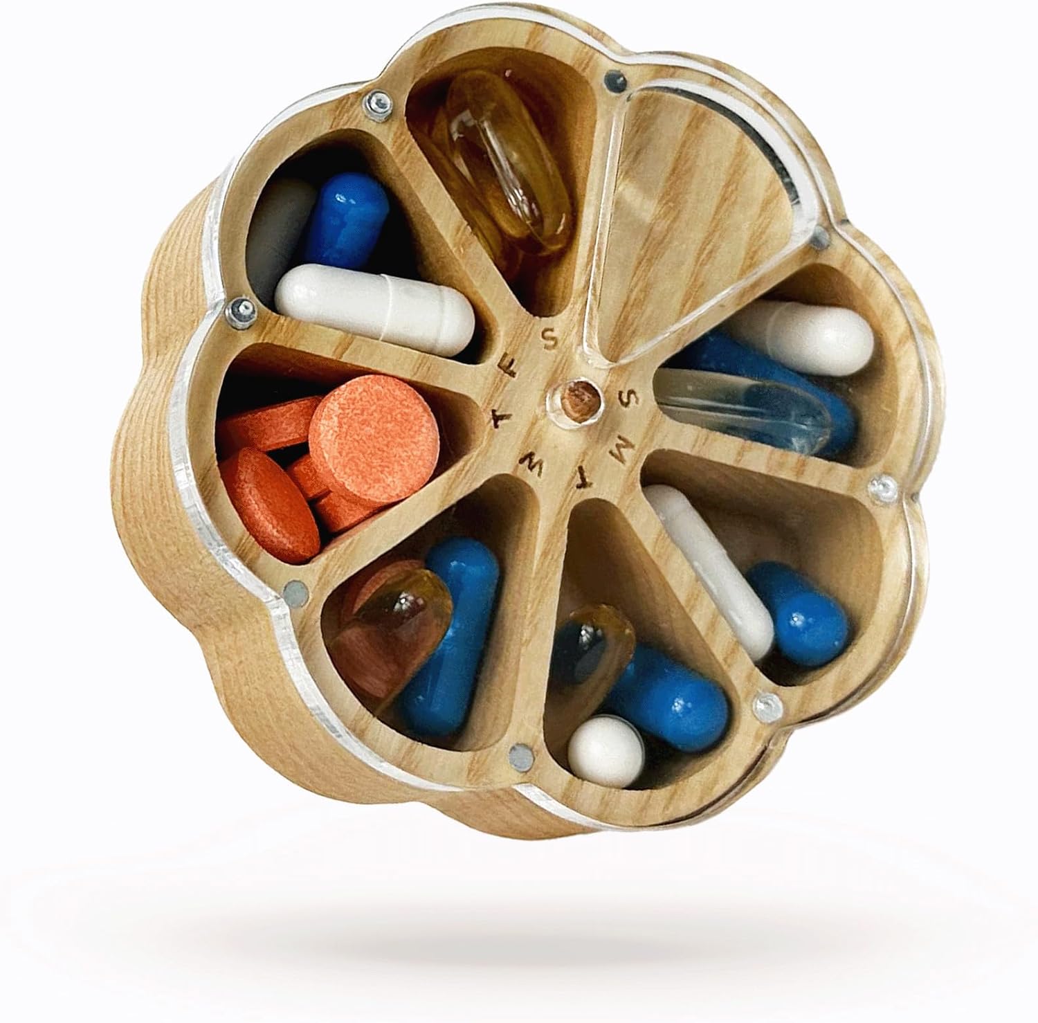 Makety Wood Weekly Pill Organizer, 7 Day Flower Pill Box, Wooden Medicine Holder, Transparent Magnetic Lid (L)