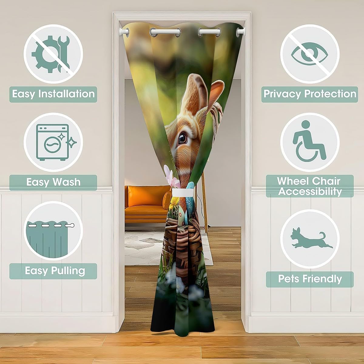 jejeloiu Kids 3D Cute Rabbit Door Cover Curtain Egg Floral Rabbit Doorway Curtain Privacy 52x80 Inch 1 Panel Happy Easter 30%-50% Blackout Curtain Lovely Animal Bunny Girly Window Treatments