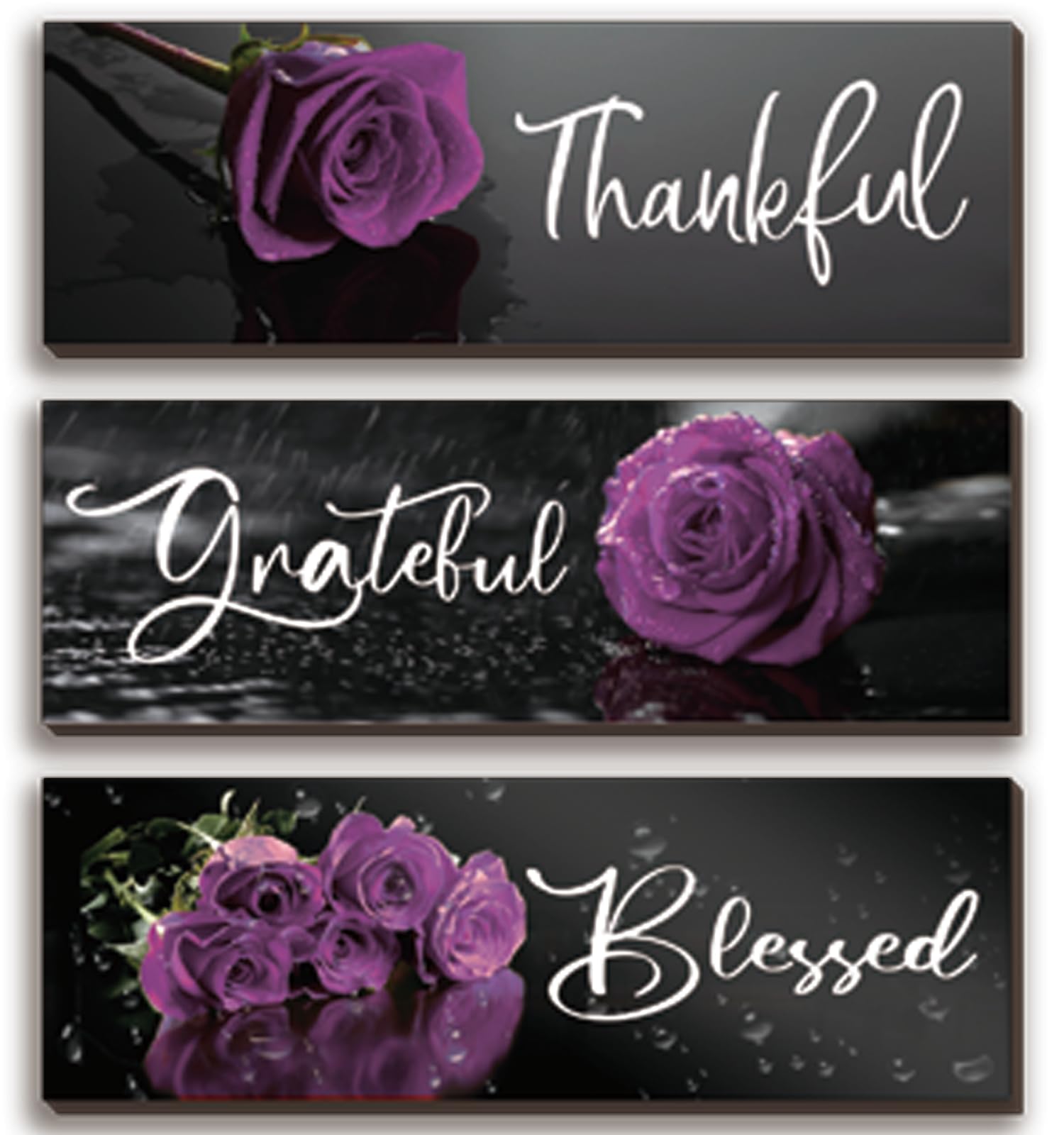 ZINYAZHE 3 Pcs Purple Bathroom Decor Rose Wall Art Inspirational Flower Kitchen Sign Purple and Black Office Decor with Thankful Grateful Blessed
