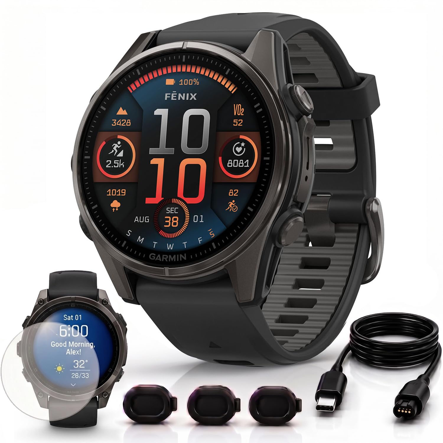 Fenix 8 43mm AMOLED Sapphire Multisport GPS Smartwatch, Carbon Gray Titanium with Black S…