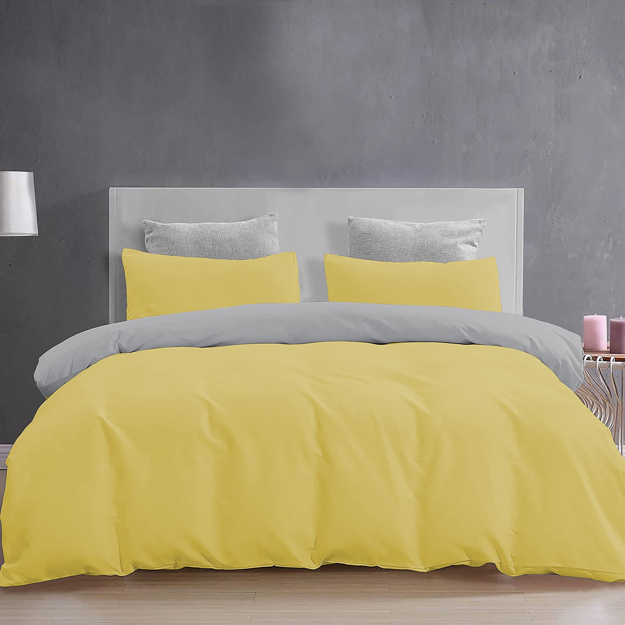 YRM Bedding's Duvet Covers - 100% Microfiber Reversible, 3-Piece Duvet Cover Set, Ultra Soft with Zipper Closure(91X101 Inches) and 2 Pillow Cover (18X28 Inches) - Double Bed Size(Silver/Gold Yellow)