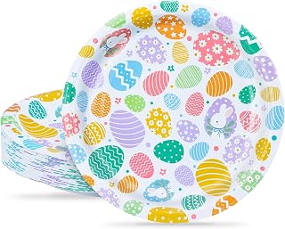 ZVK Easter Egg 10 inch Paper Plates Set Large Party Plates Disposable 50 Count Dinnerware for Happy Easter Spring Party Table Decorations