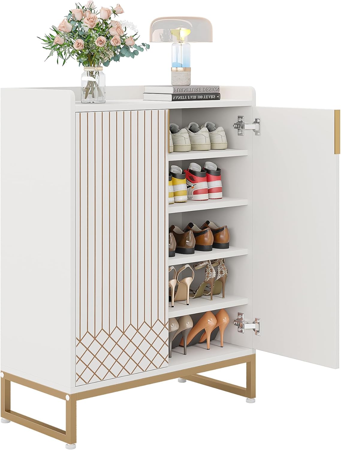 LITTLE TREE Modern White Shoe Cabinet with Doors for Up to 25 Pairs, 5-Tier Wood Shoes Rack Organizer for Entryway Bedroom Hallway Living Room