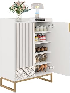 LITTLE TREE Moderner weißer Schuhschrank mit Türen für bis zu 25 Paar, 5-stöckiges Schuhregal aus Holz, Organizer für Eingangsbereich, Schlafzimmer, Flur, Wohnzimmer
