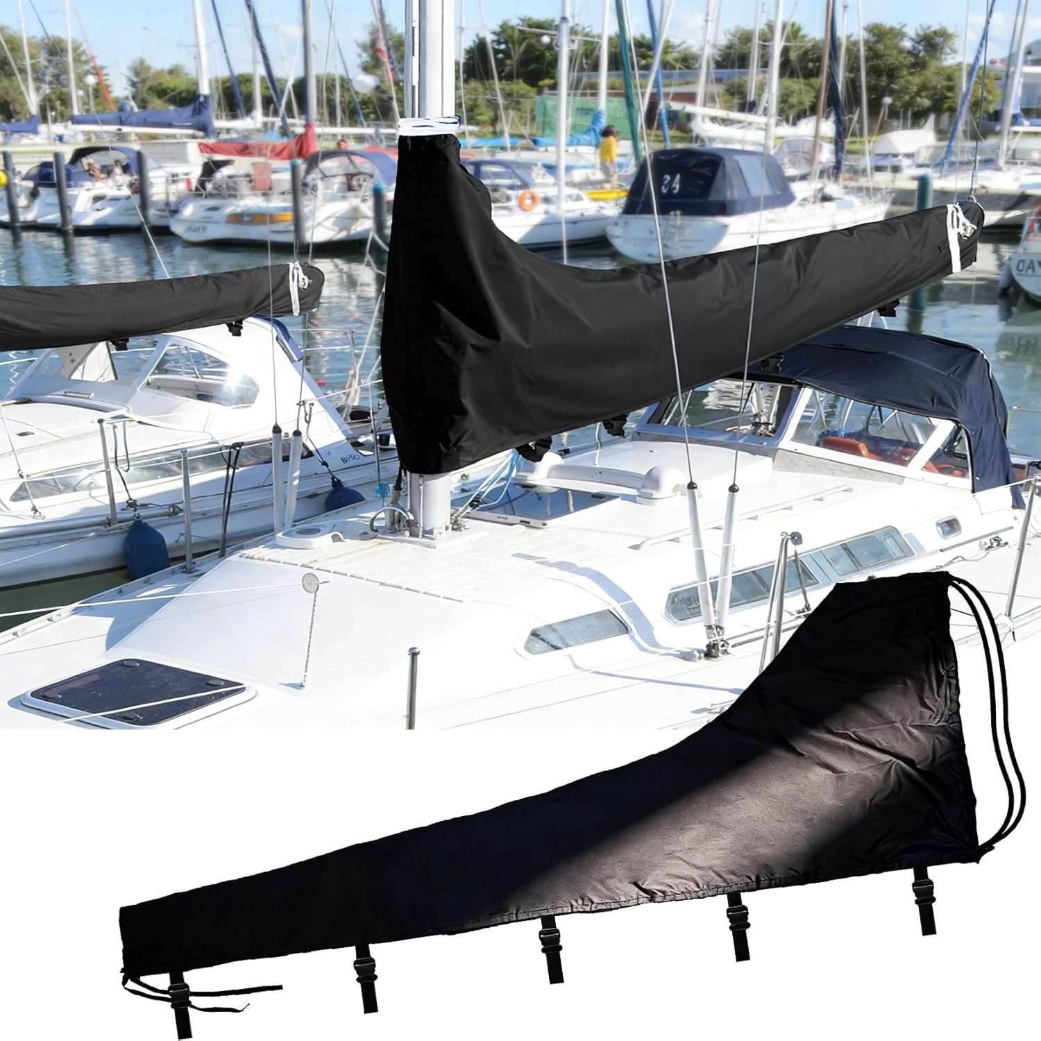 Mainsail Boom Cover, 800D Thickened Sailboat Mainsail Waterproof Cover, Protection from UV Radiation, for 8-9 mainsails (Black)