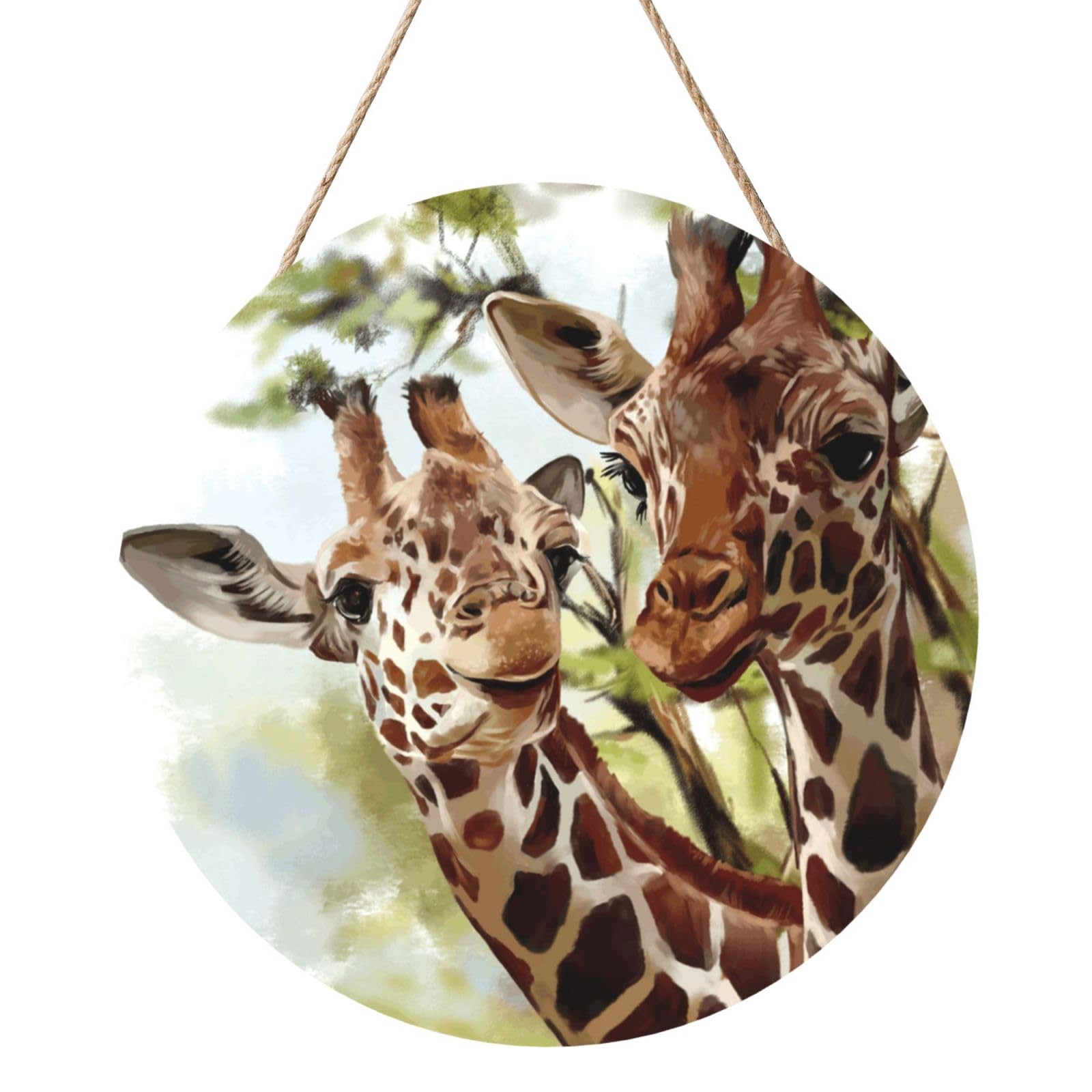 InOmak Watercolor Deer Giraffe, Round Wood Panel Painting 12 in, Wall Hanging Painting For Home