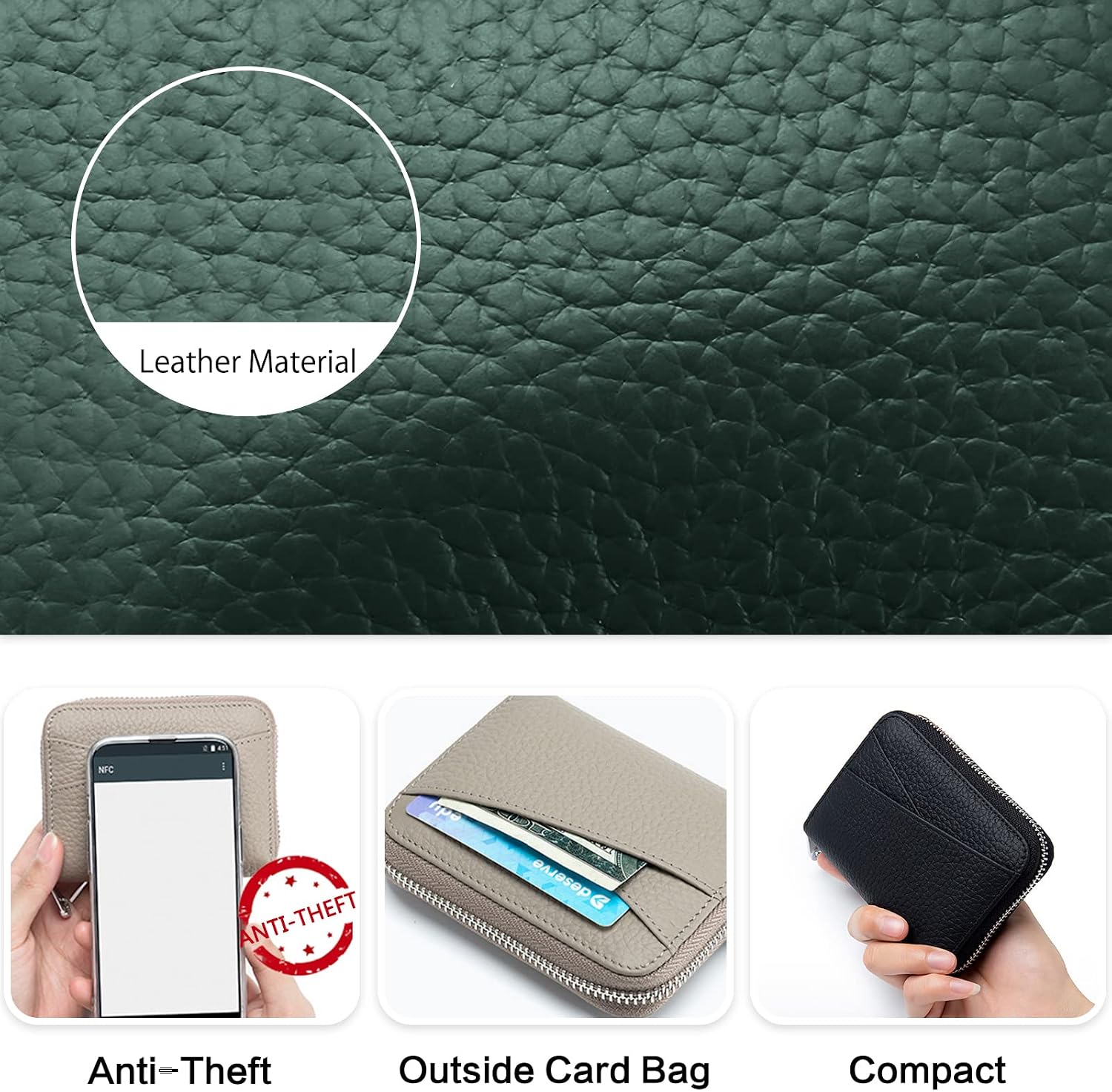 Genuine Leather Coin Purse RFID Blocking Credit Card Holder Portable Change Pouch Card Case for Men Women Dark Green