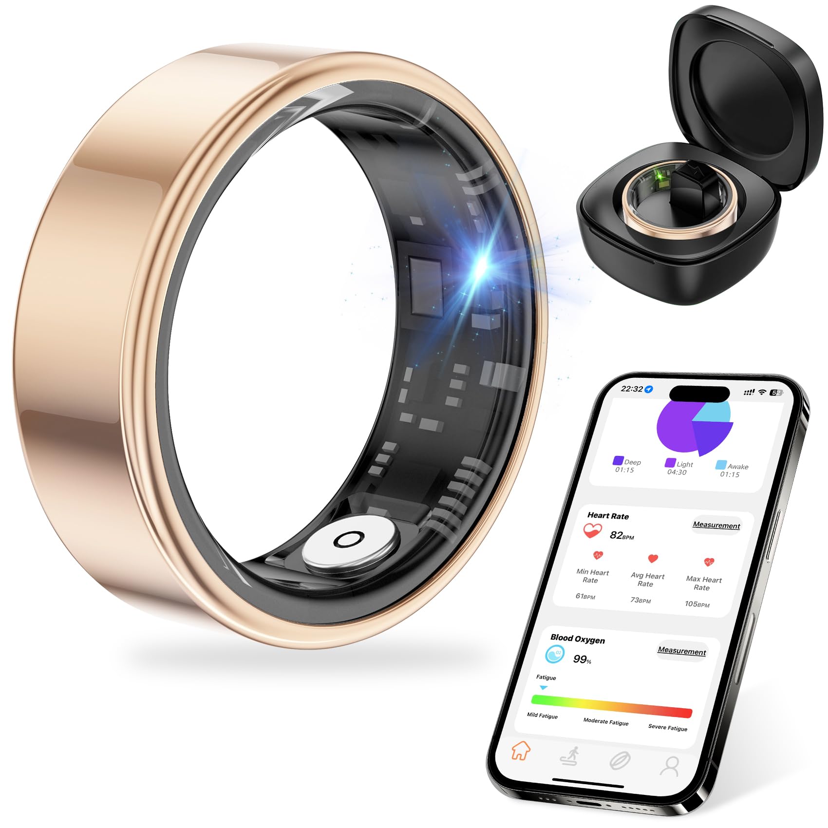 Thin Smart Ring for Fitness & Health Tracking -Heart Rate/Blood Oxygen Monitor, 5ATM Waterproof, Sleep Analysis, Pedometer -No APP Subscription Compatible with Smartphone (Rose Gold, 12)-image-23