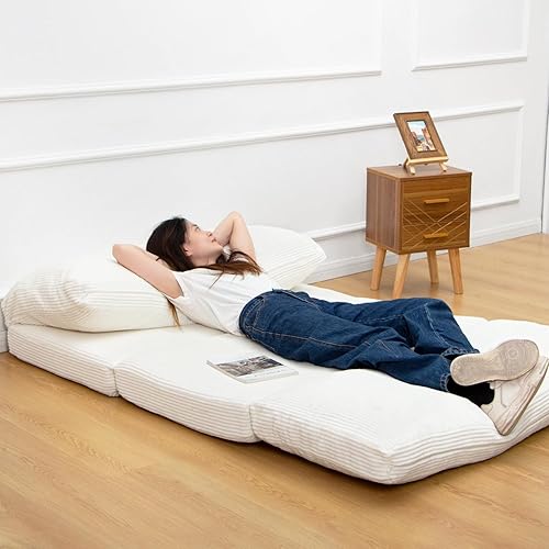 Miniatura 2 de N&V Sofá cama plegable, sofá plegable con relleno de espuma, incluye funda extraíble y lavable a máquina, pana suave de alta calidad (M, marfil)
