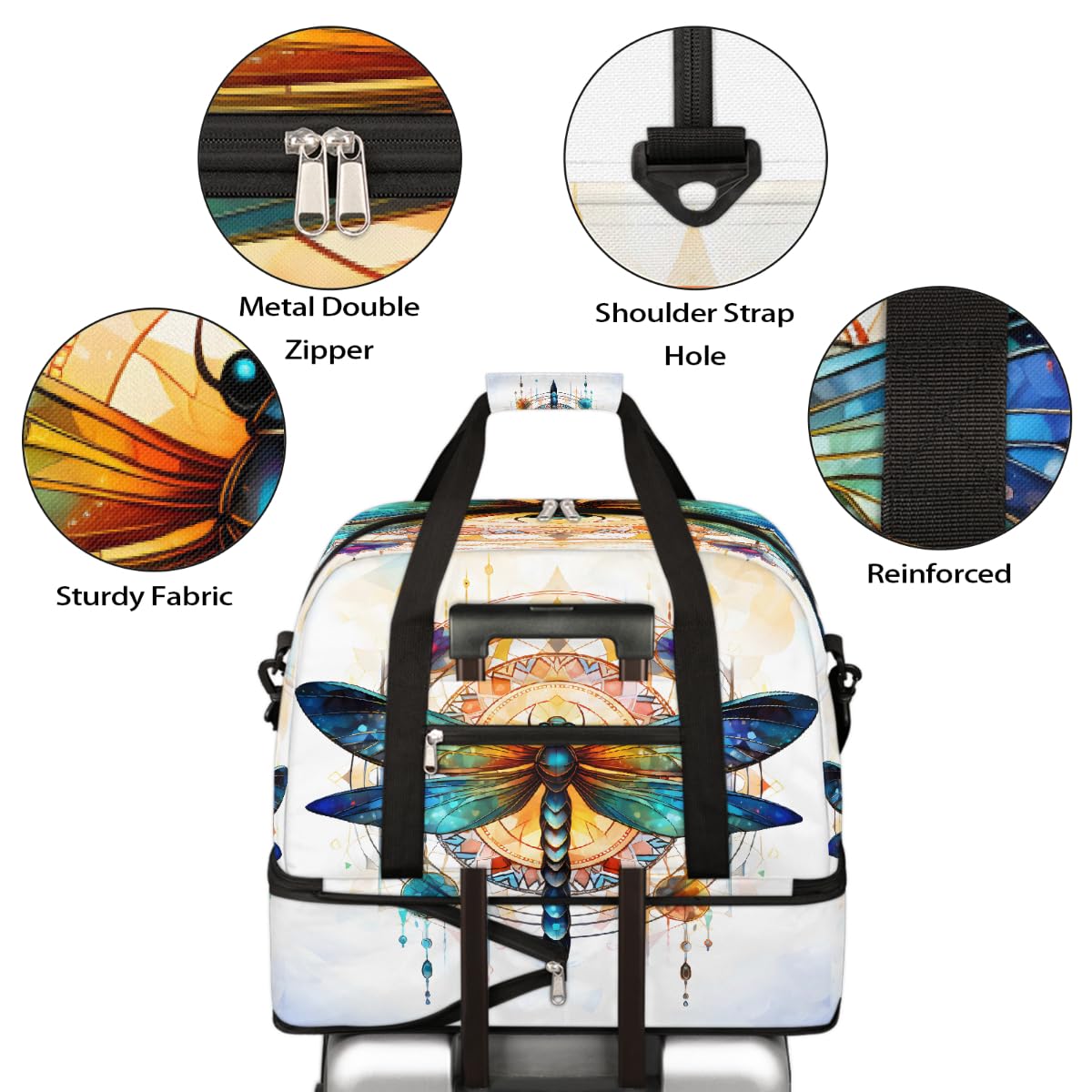 Borsone da viaggio pieghevole con motivo mandala psichedelico, borsa da palestra espandibile con scomparto per scarpe, grande capacità, borsa da weekender, borsa da viaggio, sport, viaggi notturni