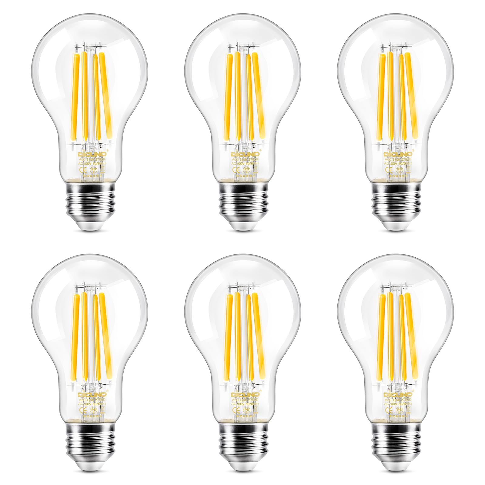 DiCUNO LED電球 E26口金 電球色 120W形相当 エジソン 12W フィラメント電球 1650lm 2700k 一般電球形 クリアタイプ 省エネ 全方向 A60 調光器非対応 6個入