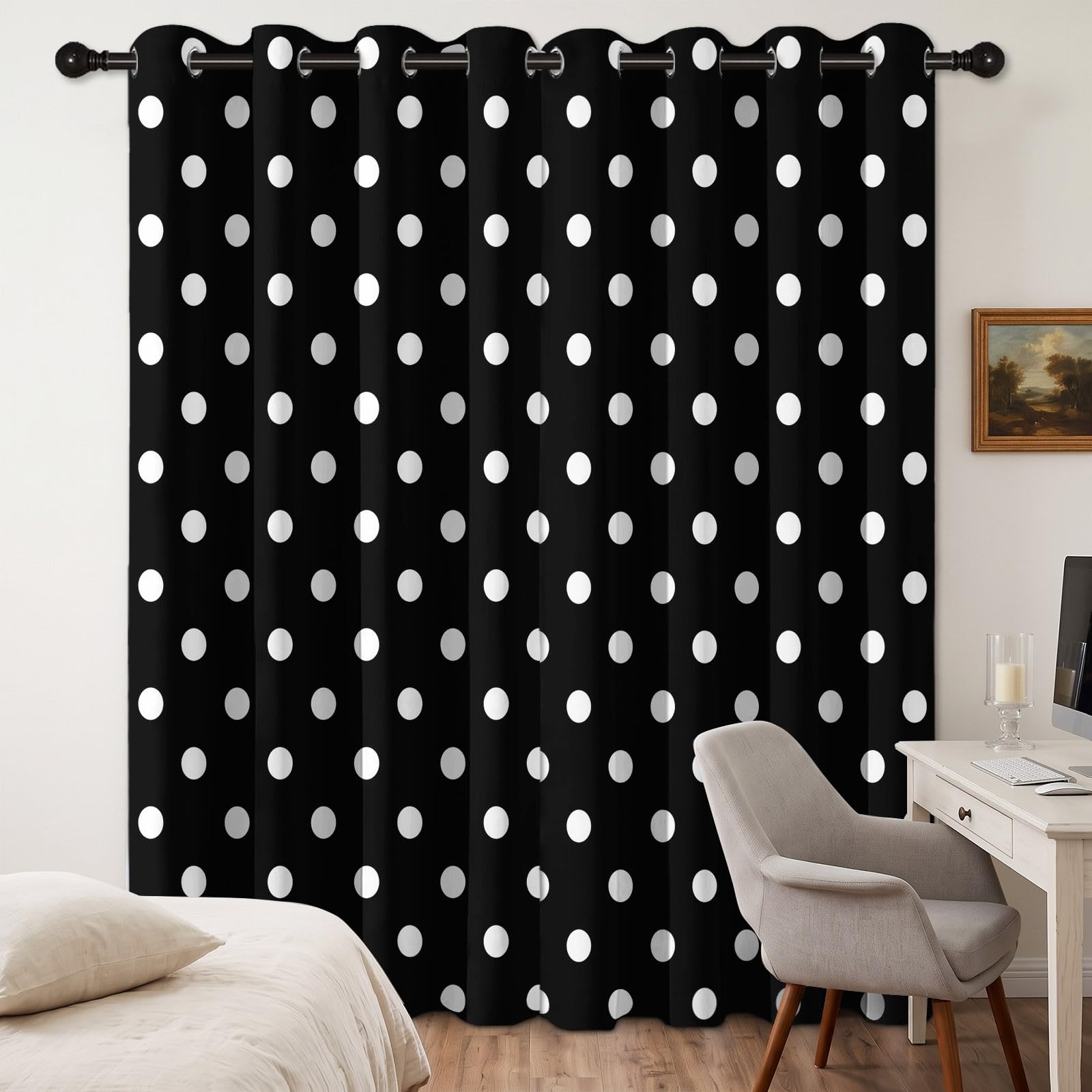 Minimalistyczna geometryczna czarno-biała zasłona w kropki szer. 140 cm x