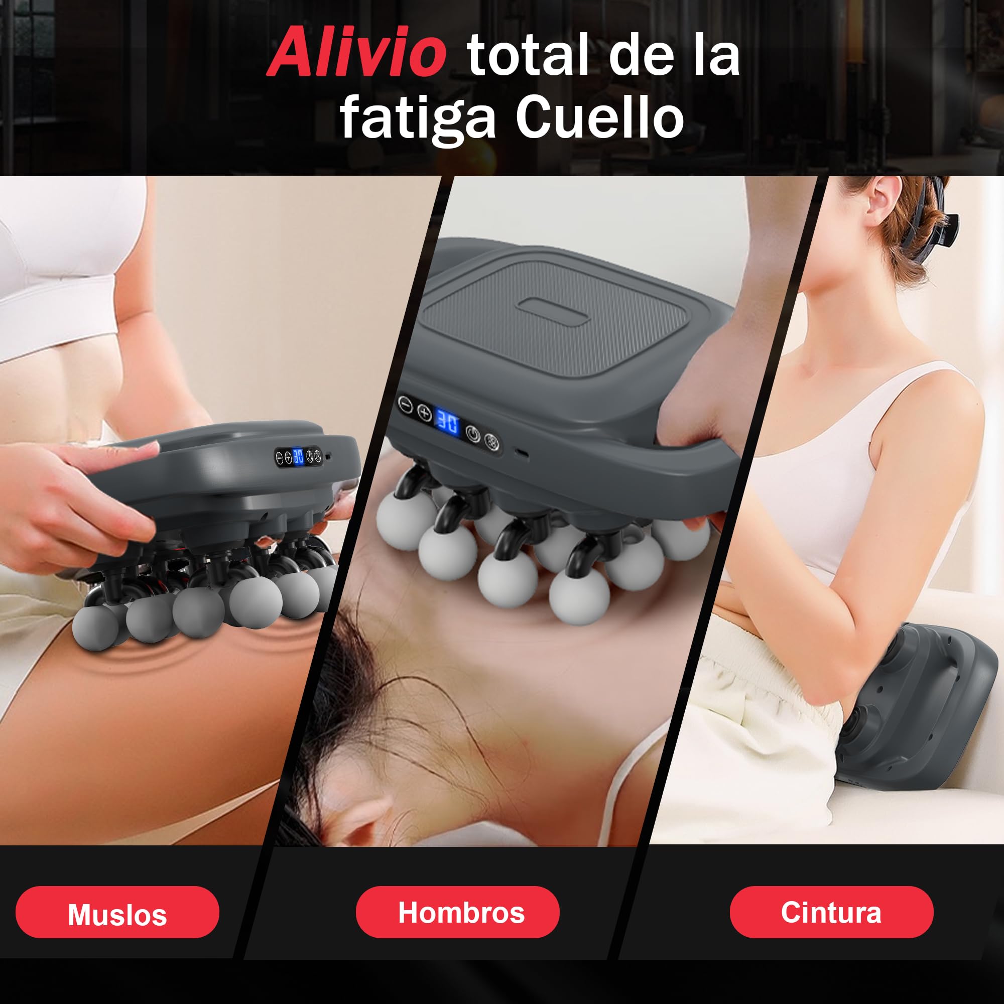 Pistola de Masaje Muscular de 16 cabezales, con 3 Modos y 30 Velocidades Ajustables, Masajeador con Luz Roja para Aliviar la Tensión Muscular y La Fatiga para Espalda, Cintura, Muslos