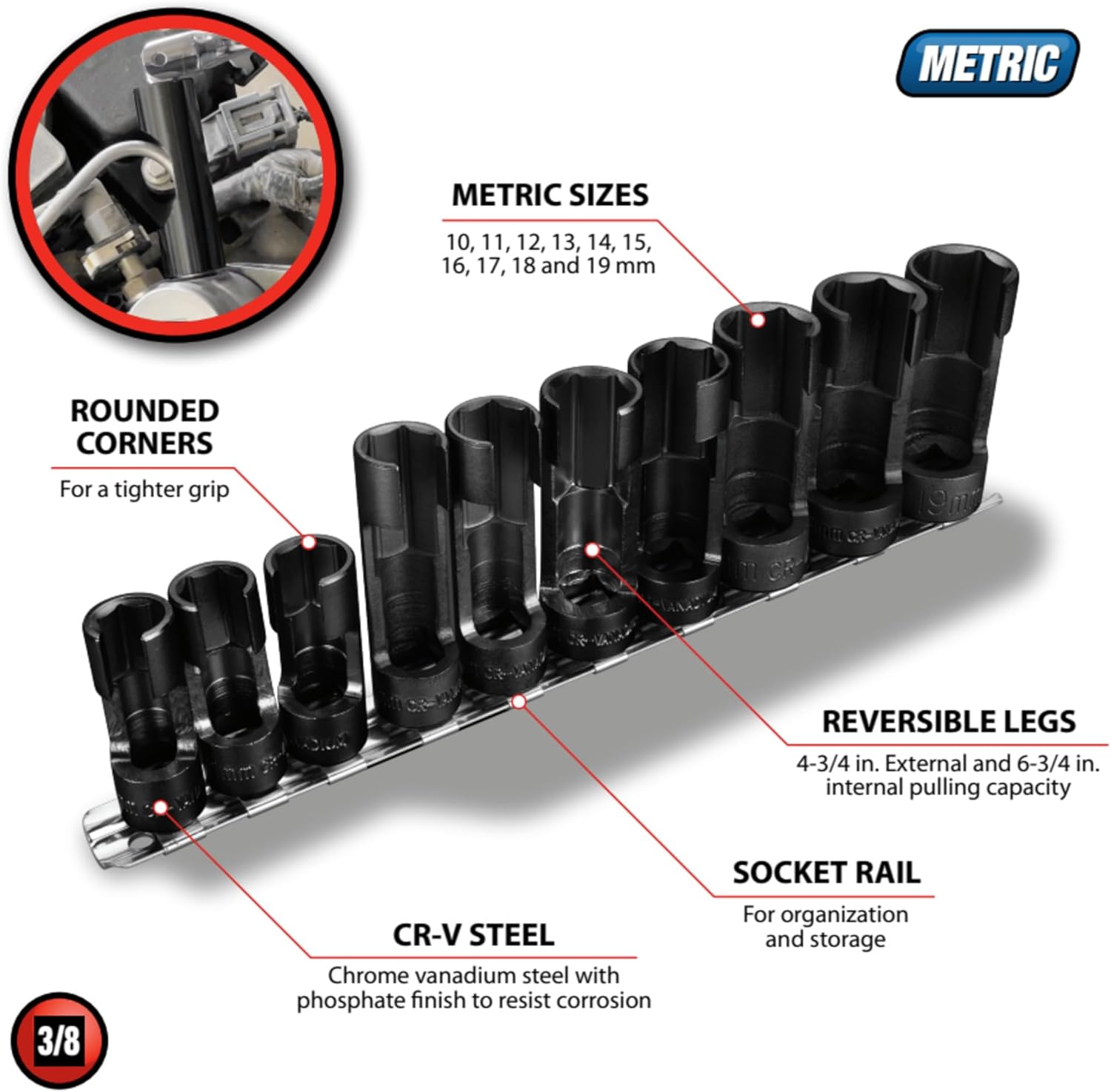 Performance Tool W84027 10 pc. 3/8-in. Dr. Flare Nut Socket Set for Tight Spaces: 10-19mm Sizes, Useful for Sensors, ABS, Master Cylinders, Chrome Vanadium Steel, Black Phosphorus Finish