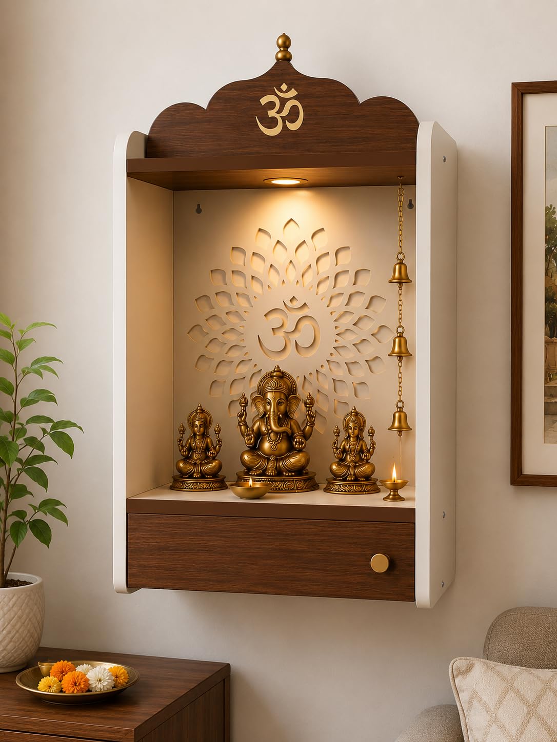 Crosscut Wooden wall Hanging mandir, Temple for Home and Office Pooja (Premium with Light)-image-1