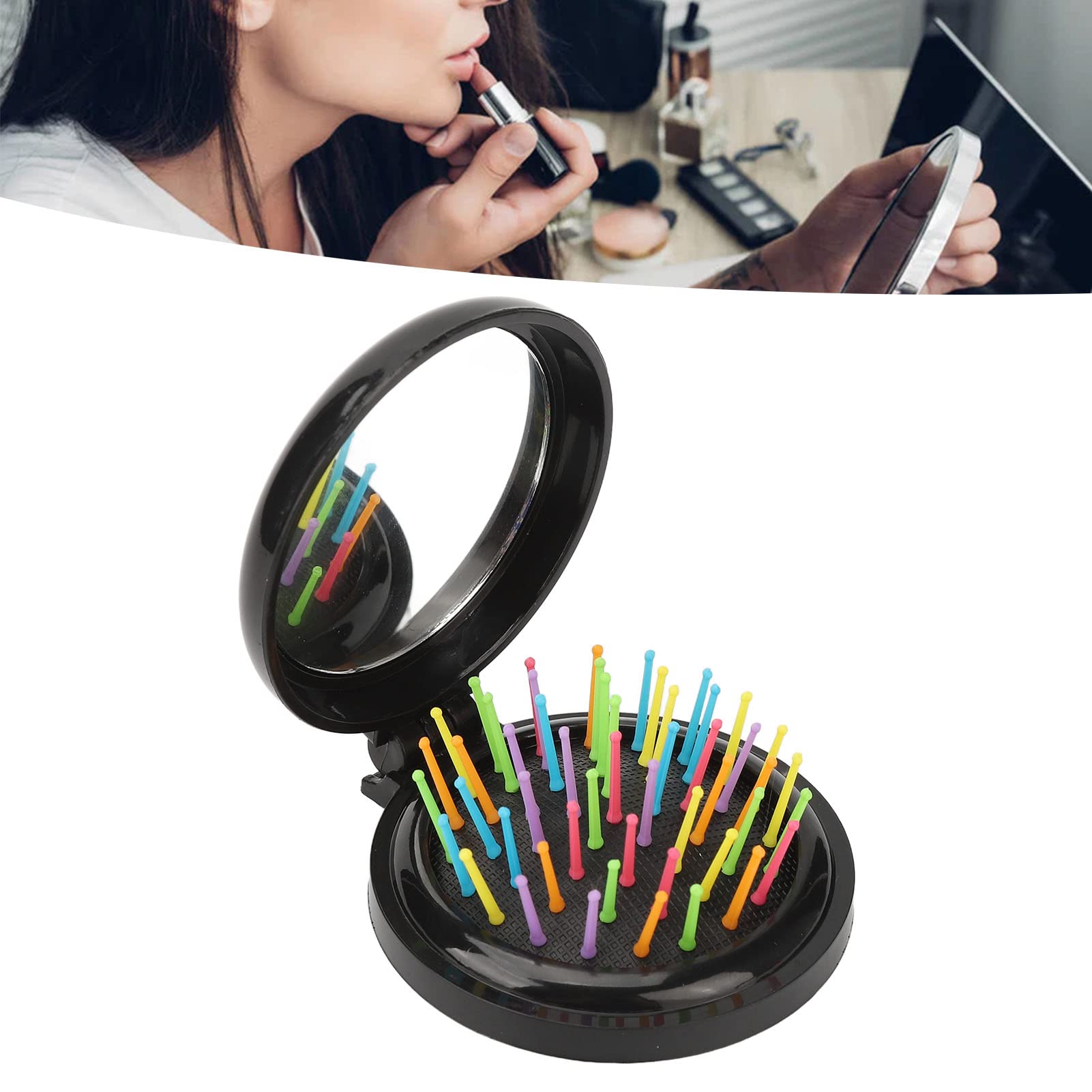 10 Stück Faltbare Mini-Haarbürsten Mit Spiegel – Runde Taschenbürste Für Damen & Mädchen, Schwarz