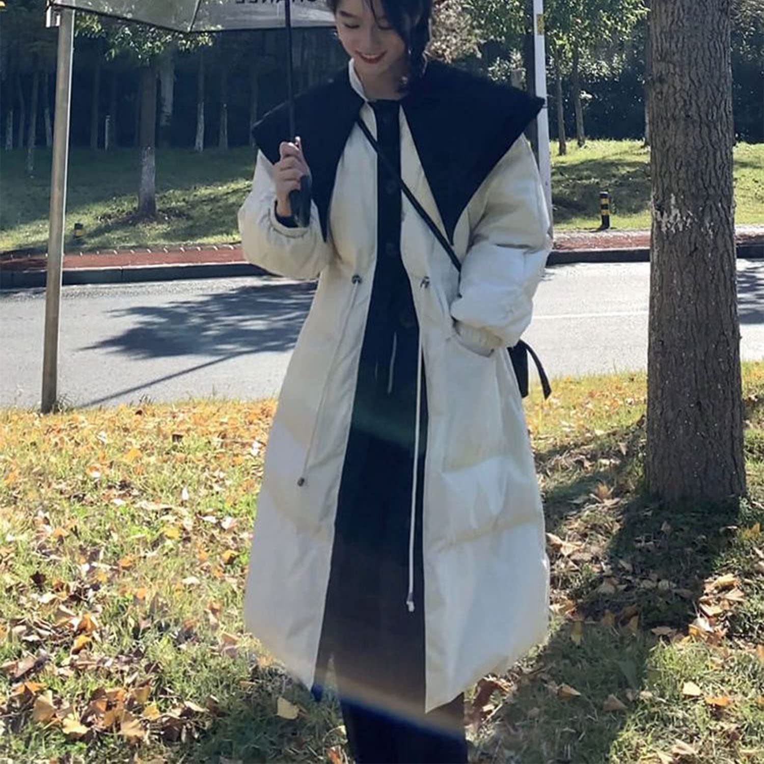Doudoune Col de Poupée Grande Poche Veste Rembourrée Mi-Longue Outwear Hiver Épaissir Manteau Bouffant pour Femmes Dames,White,M(60