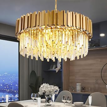 Modern Gold Crystal Chandelier, LED 3 Color Dimmable Crystals Pendant Light, Luxury Round Ceiling Lights, for Dining Room Kitchen Living Room Bedroom Foyer 16x11.8in/40x30cm