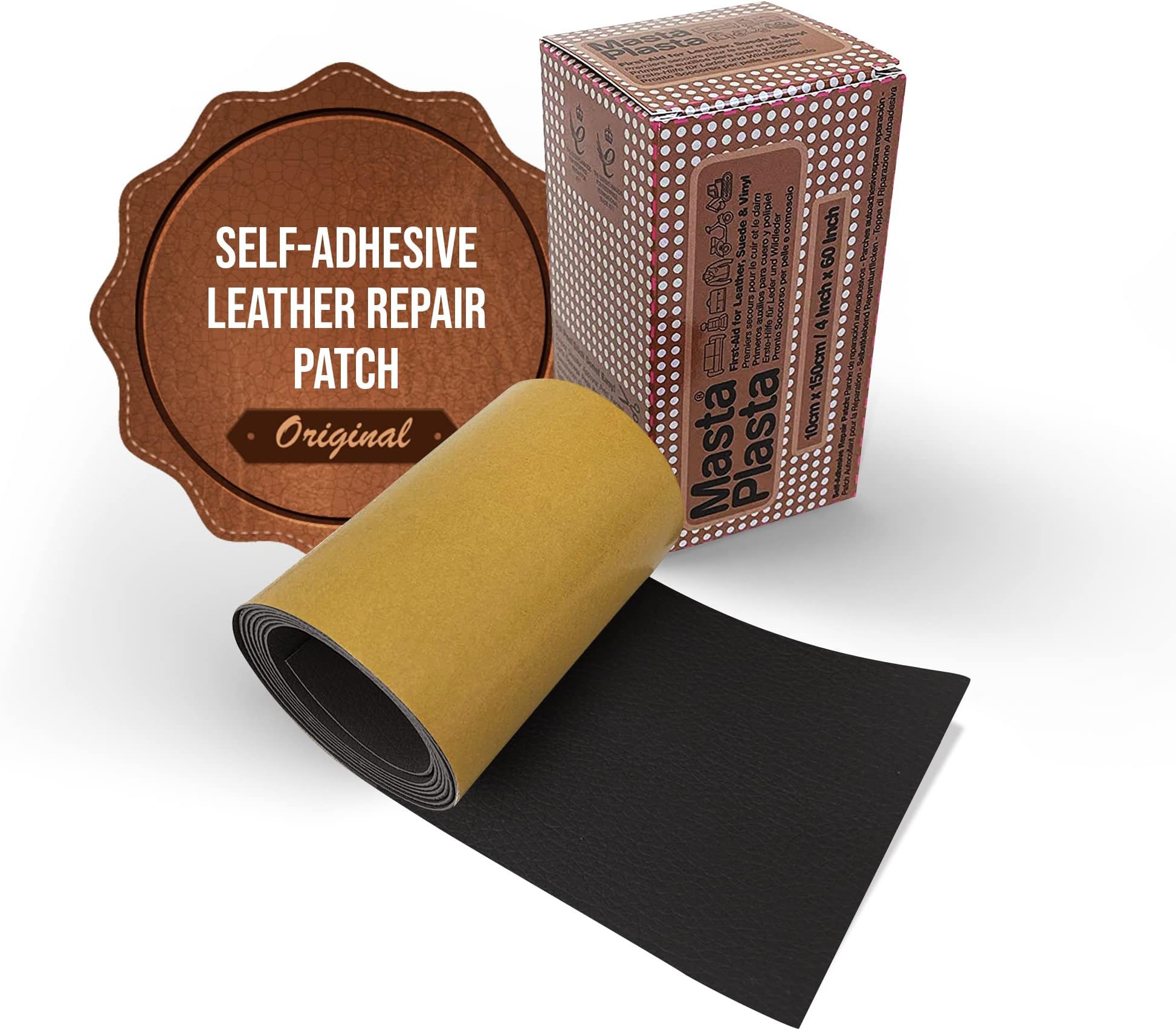 MastaPlasta Instant Leather Repair Tape BLACK 60in x 4 in / 150cm x 10cm. Self-Adhesive Repair for Sofas, Chairs, Car Seats, Bags and More. Fast, Easy Upholstery Repair on a Roll