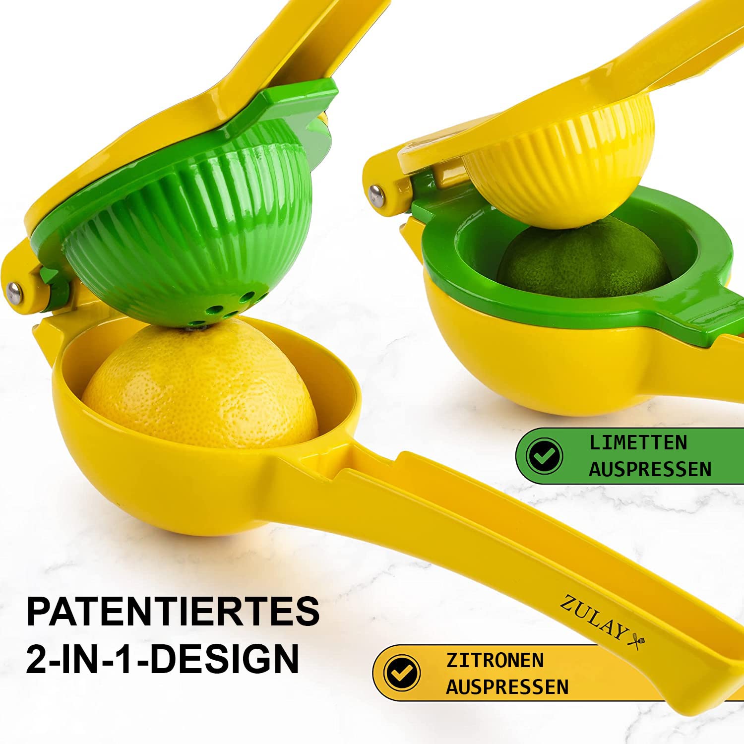 Zulay Kitchen Zitronenpresse & Limettenpresse, Manuelle Zitruspresse Handpresse für Zitronen und Limetten, Entsafter Saftpresse Manuell, Robuste Saftpresse aus Aluminium (Gelb/Grün)