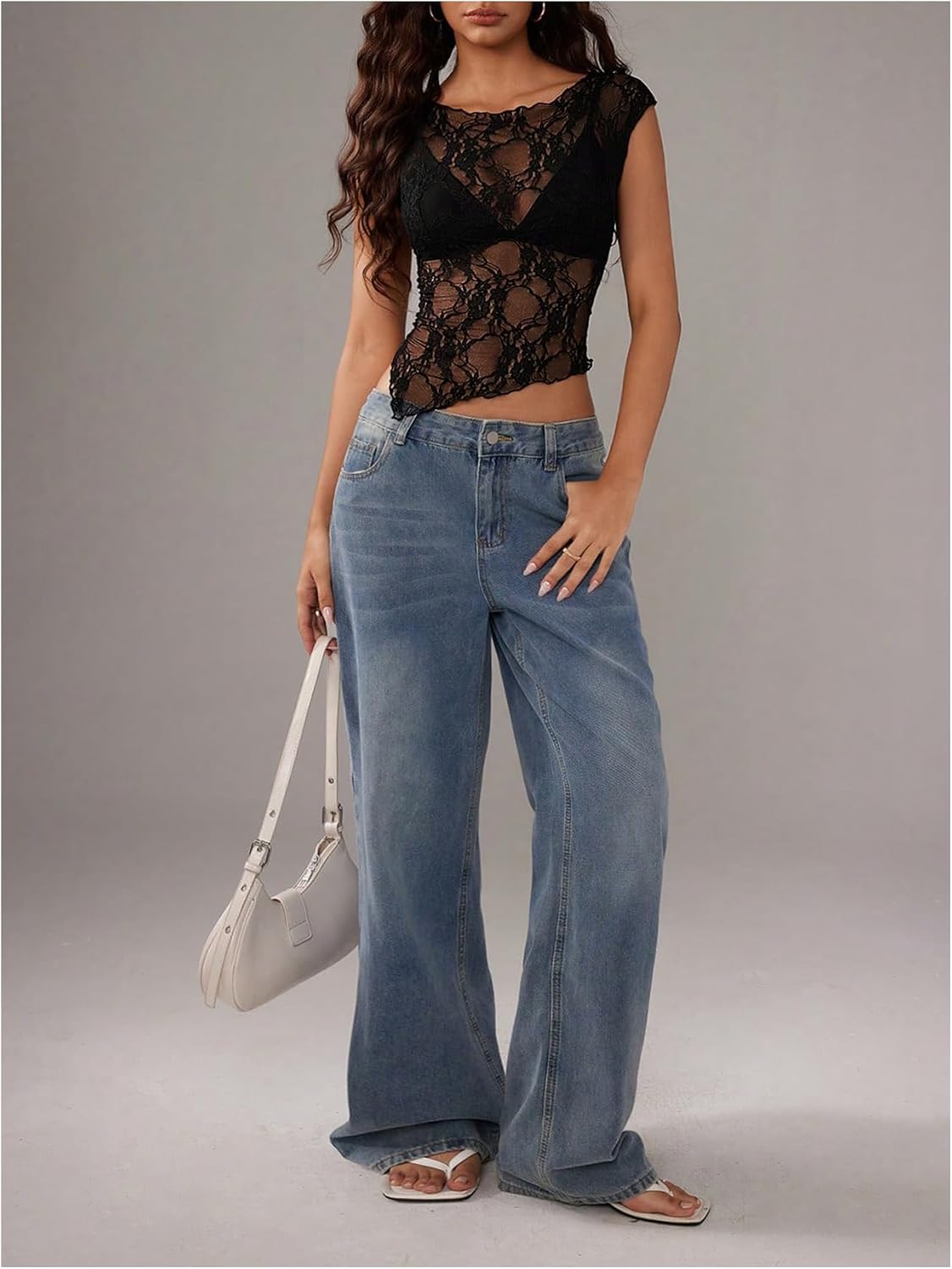 OYOANGLE Women's Y2K Lace Sheer Short Sleeve T Shirt See Through Asymmetrical Hem Going Out Crop Tops - Image 5