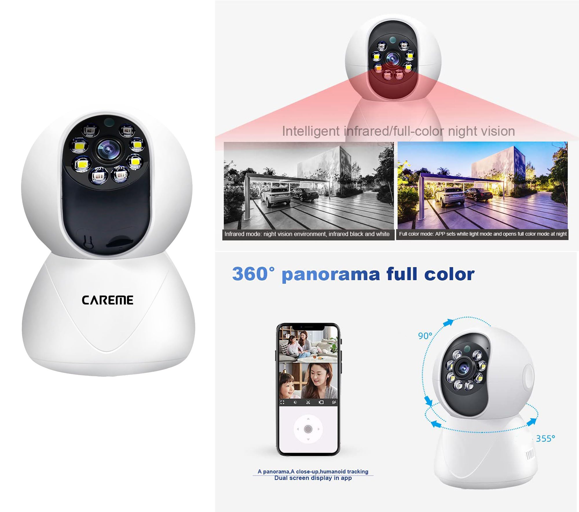 CareME 3MP 1296p Pan/Tilt Indoor Security Camera, Baby/Pet Monitor, Motion Detection, 2-Way Audio, SD Card Storage, White 4