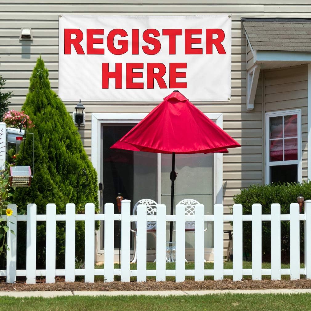 Vinyl Banner Multiple Sizes Register Here Red Business Outdoor Weatherproof Industrial Yard Signs 4 Grommets 24x36Inches