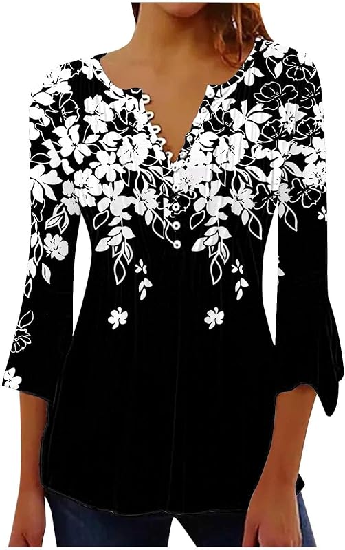 Hauts d'été pour Femmes 2025 Tunique à imprimé Floral bohème Tendance T-Shirt à 7 Manches et col en V Chemisier Ample décontracté Femmes Tunique Pull Gilets Cadeau Homme Original T Shirt