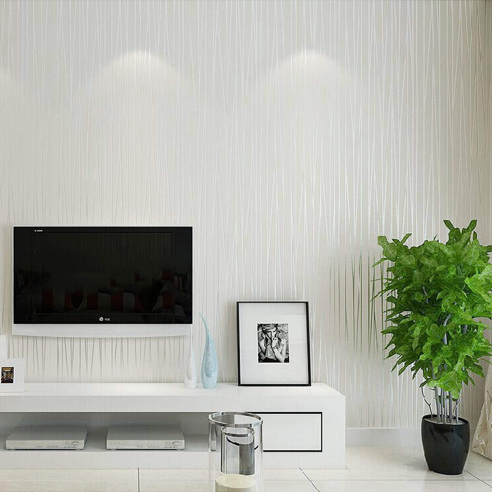 wolpin White Stripe Wallpaper (45 x 600 CM, White) | Self Adhesive Embossed PVC Roll for Living Room Hall Bedroom Office Wall Renovation | Peel & Stick Decorative Home Makeover Wallpaper