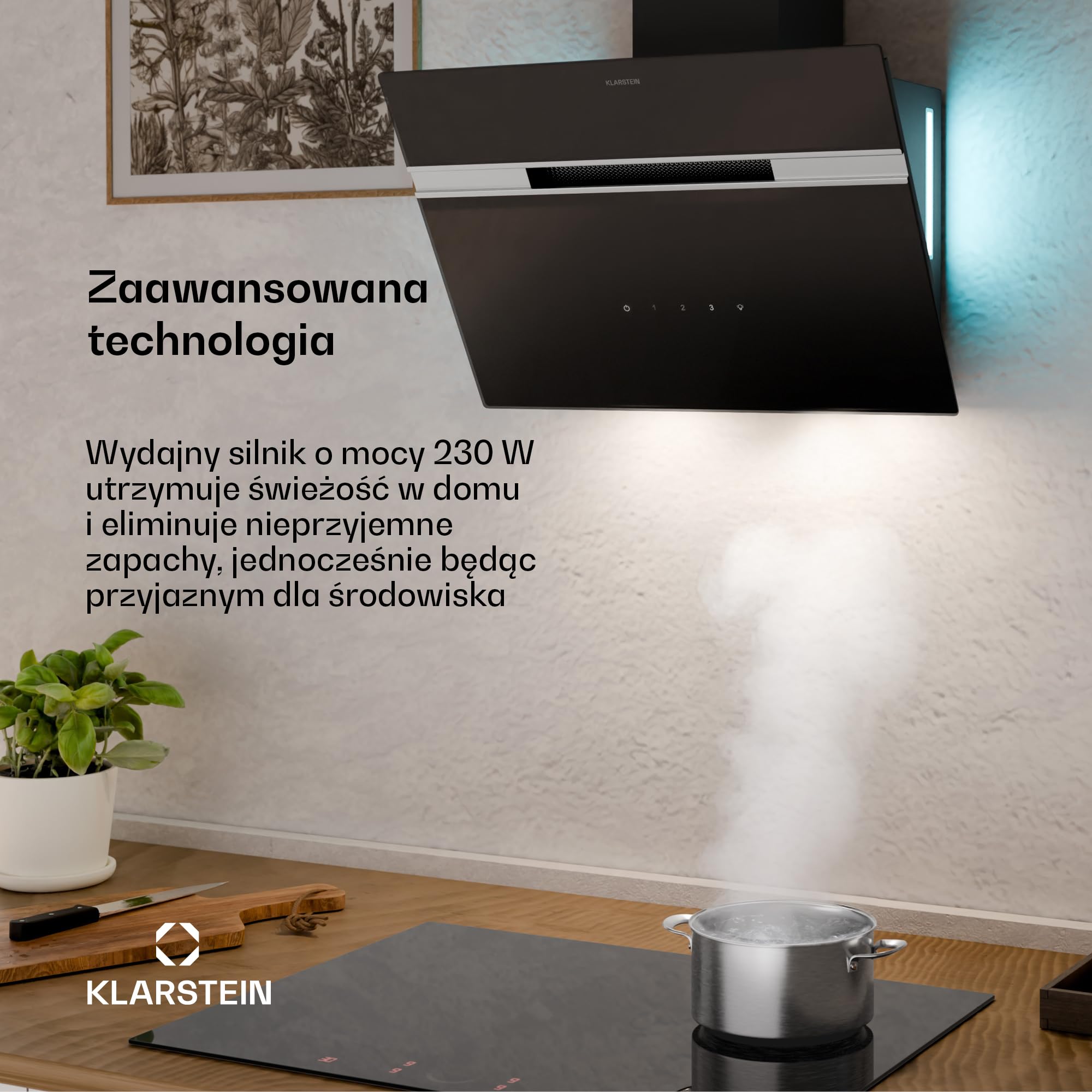Klarstein Alina Okap kuchenny skośny – 60 cm, przepływ 600 m³/h, panel dotykowy, podświetlenie LED, cichy 68 dB, klasa energetyczna A, czarny, tryb wyciągu i recyrkulacji