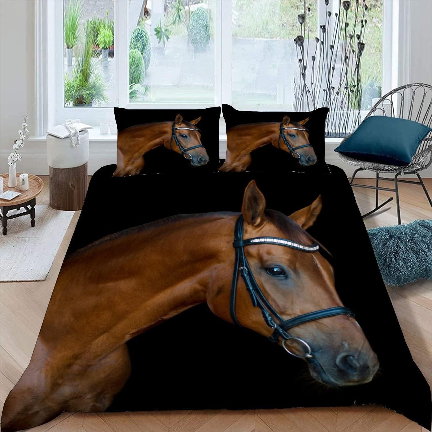 Housse de couette cheval 220x240 parure de lit adulte 2 personnes marron imprimé D3706