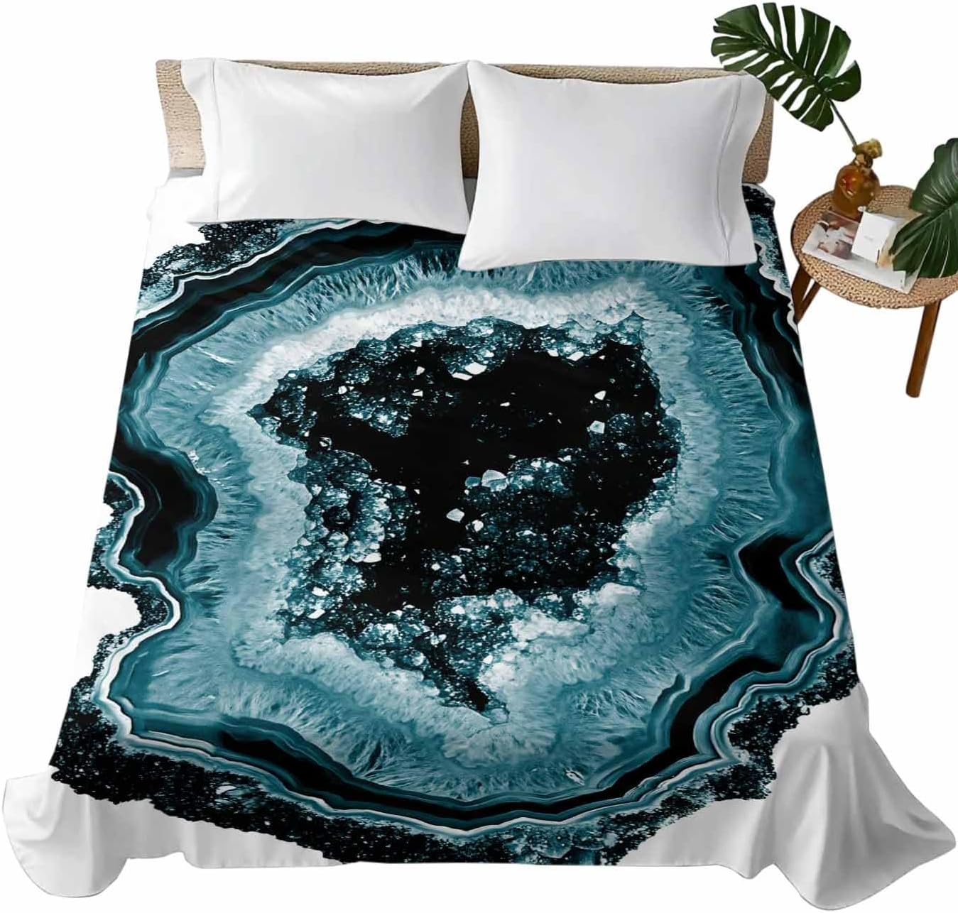 Abstract Marble Queen Sheets - Hotel Quality Queen Flat Sheet Only 1 Pack, Vintage Teal Aesthetic Agate Texture Soft Bed Sheet Brushed Microfiber Bedding Top Sheets for Home Dorm