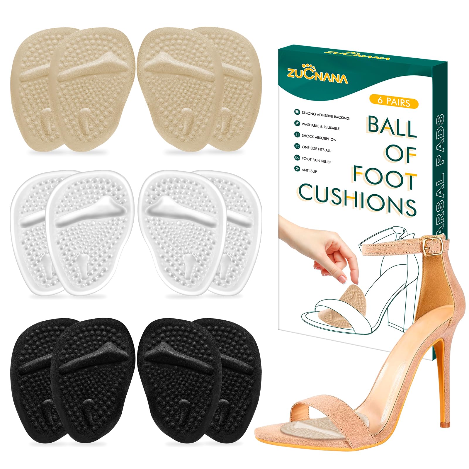 Metatarsal Pads Ball of Foot Cushions (6 Pairs), Non Slip High Heel Cushion Inserts Women, One Size Fits All Shoe Inserts for Women and Men, Reusable Foot Pads All Day Pain Relief and Comfort