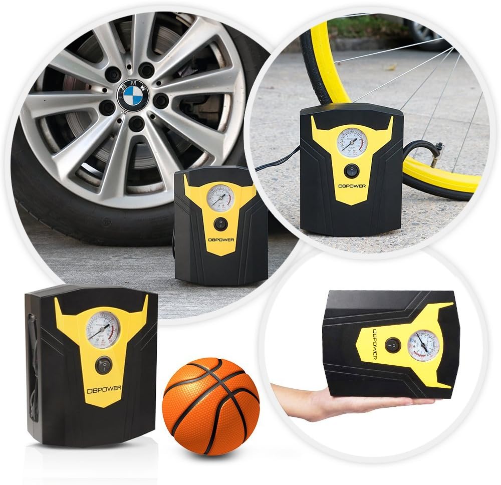 DBPOWER 12V DC Portable Electric Auto Air Compressor Pump to 150 PSI, Tire Inflator with Gauge, 3 High-air Flow Nozzles & Adaptors for Cars, Bicycles and Basketballs (Black and Yellow)