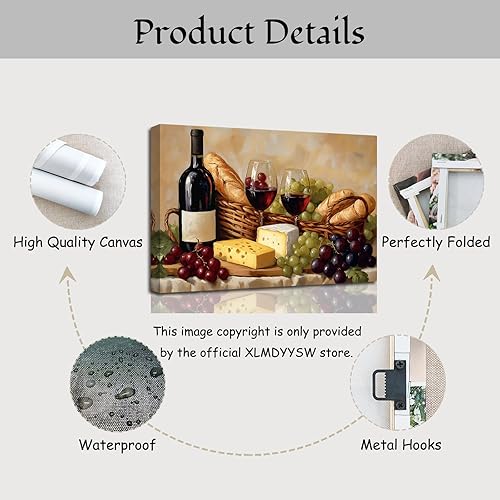 Miniatura 6 de XLMDYYSW Arte de pared vintage para cocina, imagen rústica de vino tinto y uva, pintura de queso de granja, botella de vino, impresiones en lienzo