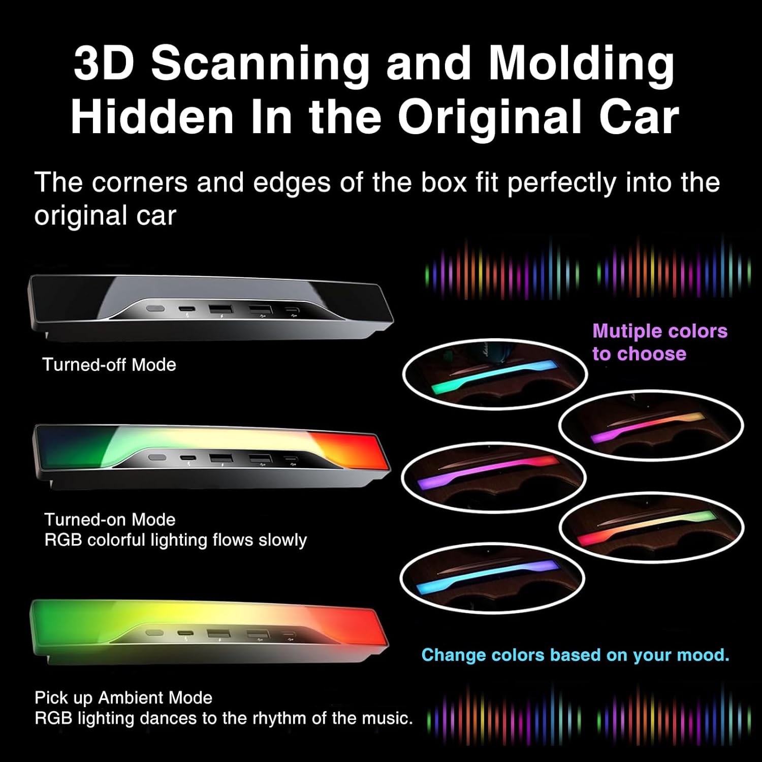 for Tesla RGB Light USB Hub with Model 3 Model Y 2021 2022 2023 2024 Car USB Charger Multi Port Interior Accessories Fit for Tesla Center Console Docking Station (Colorful)