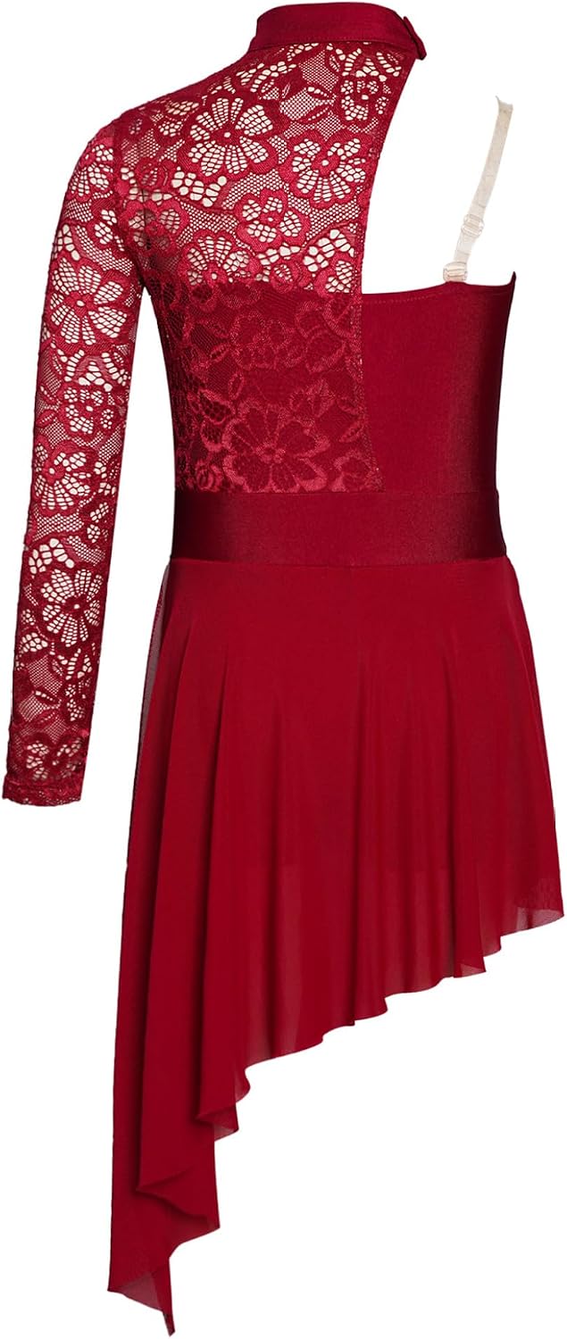 Girls Lyrical Modern Contemporary Costume Asymmetric Lace Ballet Skirted Leotard Figure Skating Dance Dress
