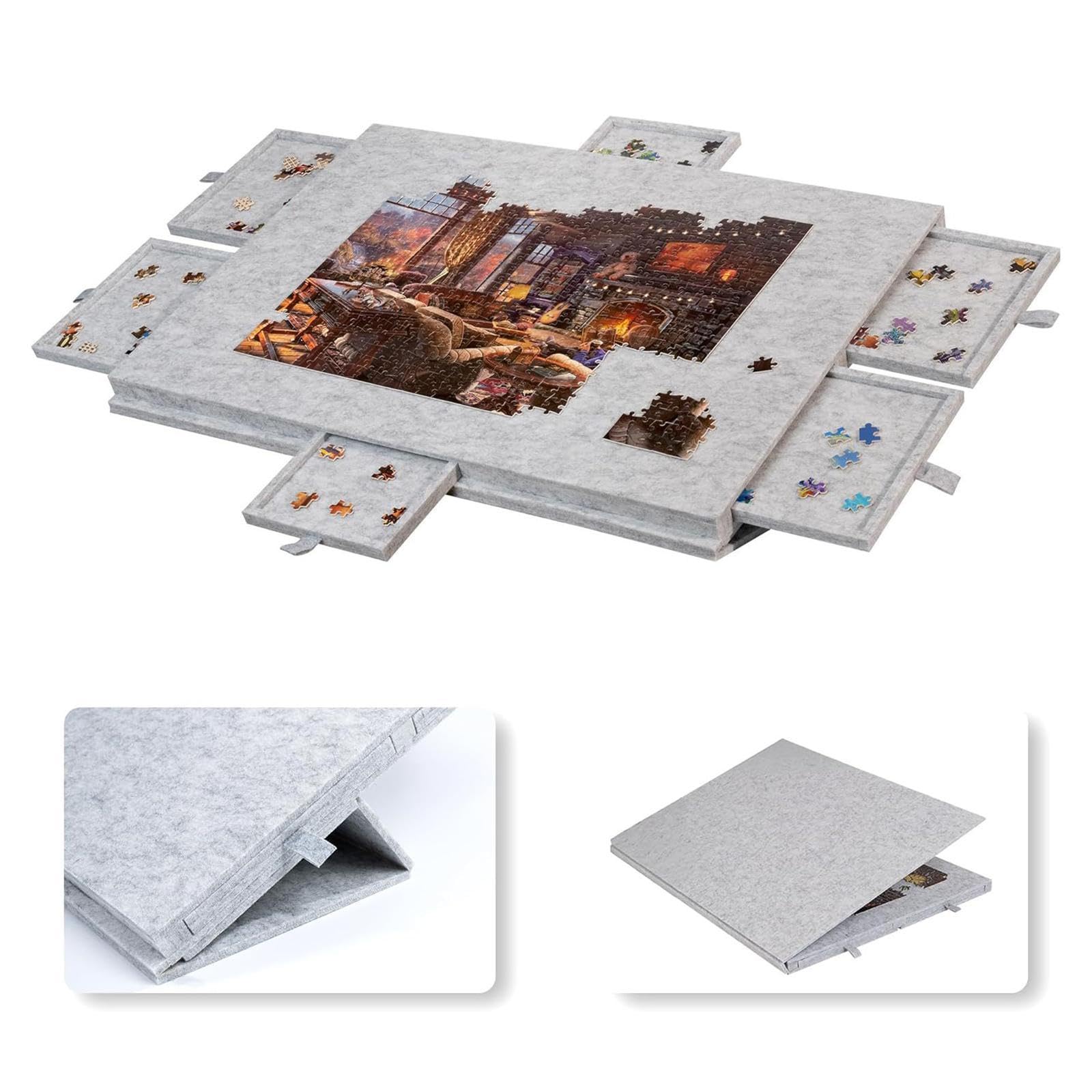 Mesa Rompecabezas Tablero Plegable con Seis Cajones de Fieltro Antideslizante para Organización de Piezas Y Montaje Adecuado para Aficionados Y Regalo, Light Gray S